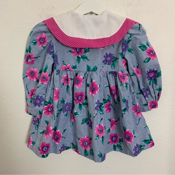 Vintage Toddler Girl Floral Polka Dot Dress 3T Big Collar Chambray 80s Cute Pink - Picture 3 of 14